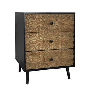 English Elm 3 Drawer Solid Wood Cabinet Hand Carved Relief Fronts Pine Feet Bedroom Storage W688138033