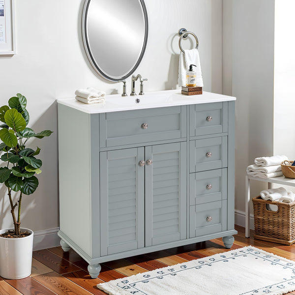 English Elm 36" Modern Grey Bathroom Vanity with Ceramic Sink, Solid Wood Frame, Soft-Close Drawers, Organizer Storage Blue+Grey W2896P344088