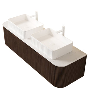 English Elm Dina 60 Inch Floating Bathroom Vanity Sintered Stone Top Dual Glass Basins Wood Grain Dark Walnut,White W2615S00171