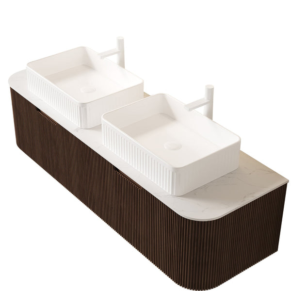 English Elm Dina 60 Inch Floating Bathroom Vanity Sintered Stone Top Dual Glass Basins Wood Grain Dark Walnut,White W2615S00171
