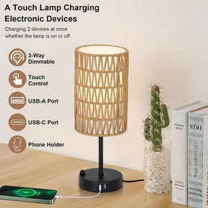 English Elm Touch Boho Table Lamp with Rattan & Linen Shade, 3-Level Dimmable Bedside Lamp w/ USB-C/A Port W2738P400638