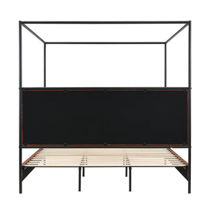 English Elm King Canopy Bed Iron Four Post Frame with Pu Leather Upholstered Headboard Footboard N757K343427O
