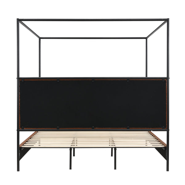 English Elm King Canopy Bed Iron Four Post Frame with Pu Leather Upholstered Headboard Footboard N757K343427O
