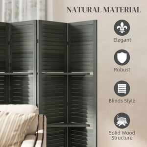 English Elm 6 Panel Paulownia Wood Louvered Room Divider with Shelves for Open Living Spaces Charcoal Grey T3971P405375