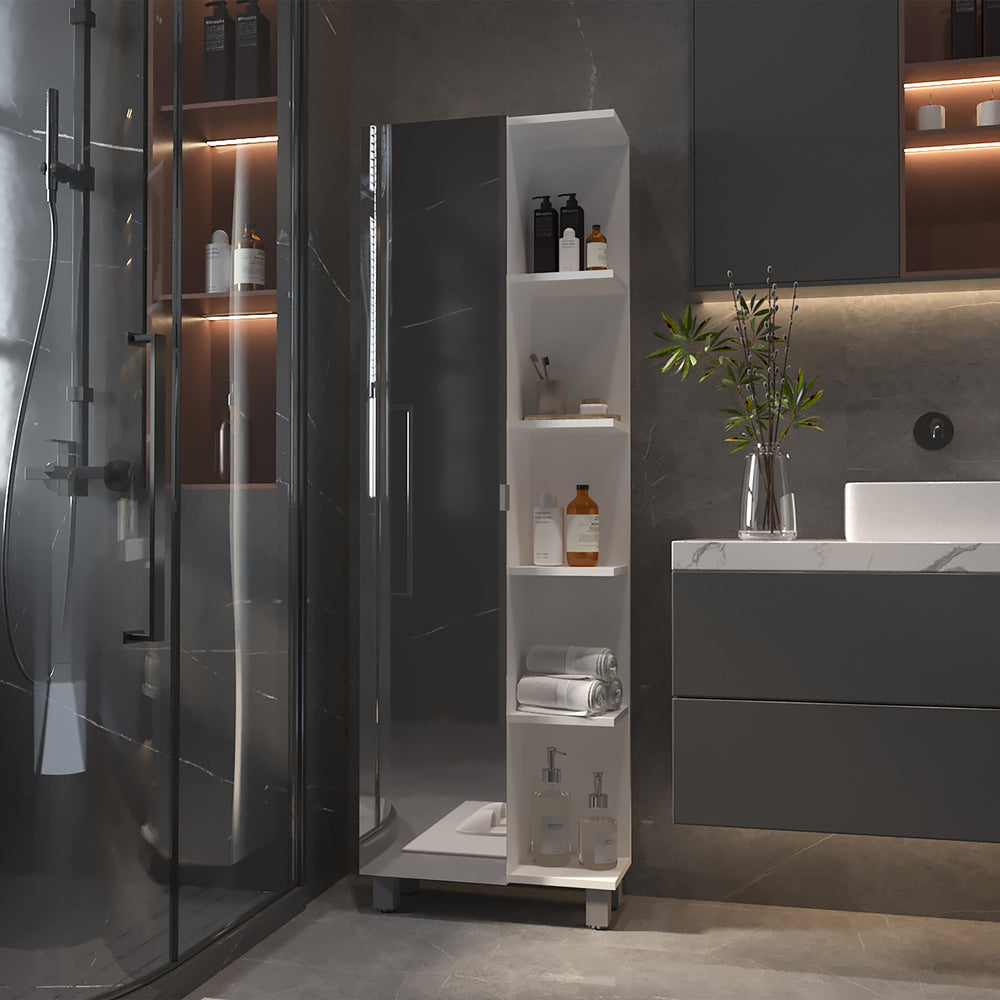 English Elm Portland Tall Linen Cabinet with Five Open Shelves and Concealed Door Storage for Bathroom Organization White B06280256