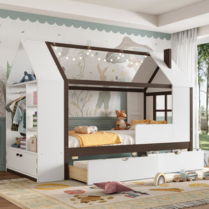 English Elm Twin House Frame Bed Pine Wood with Storage Drawers and Shelves for Kids Bedroom W1580S00573