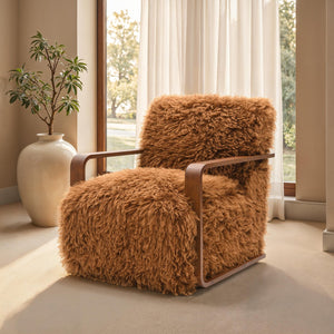 English Elm Camel Plush Faux Fur Accent Chair with Retro Curved Wood Arms, Tight Seat & Back, 28.3"W x 35.4"D B2741P401382