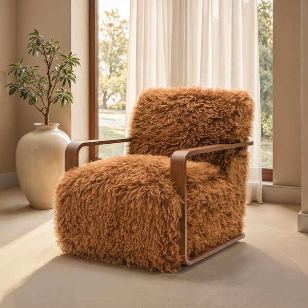 English Elm Camel Plush Faux Fur Accent Chair with Retro Curved Wood Arms, Tight Seat & Back, 28.3"W x 35.4"D B2741P401382