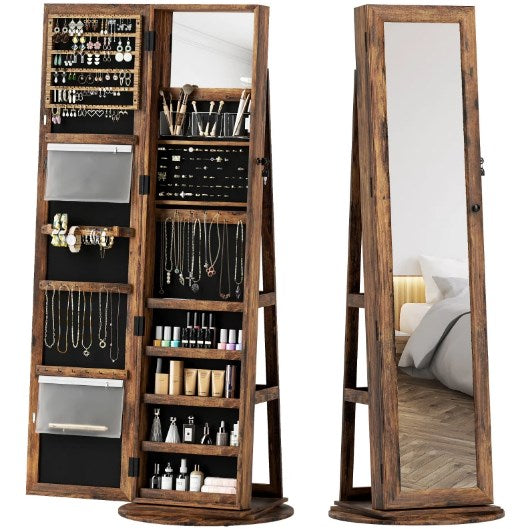 English Elm Robust Rotating Floor Jewelry Armoire with Full Length Mirror and Locking Mdf Cabinet T3971P430644