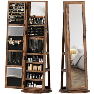 English Elm Robust Rotating Floor Jewelry Armoire with Full Length Mirror and Locking Mdf Cabinet T3971P430644