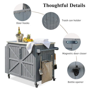 English Elm K&k Rolling Outdoor Kitchen Island Solid Fir Wood Stainless Steel Top Storage Cabinet Grey+Blue N707P370287G