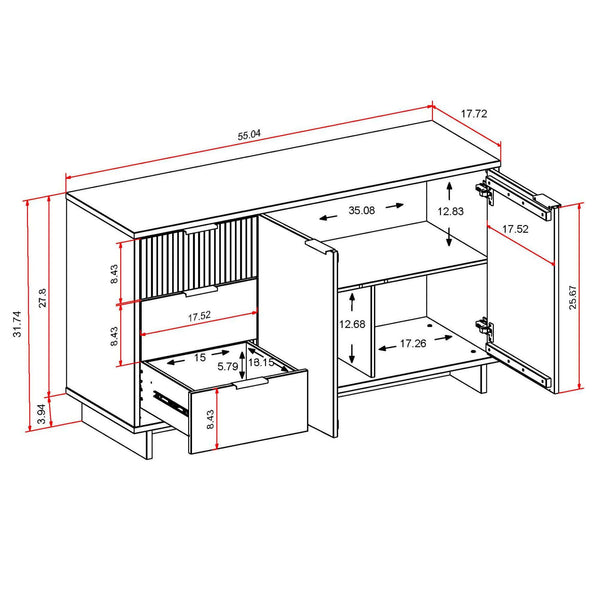 English Elm Granville 55" Sideboard with Solid Wood Ribbed Drawers, Gold Steel Handles & 3 Concealed Shelves Dark Blue B365S00117