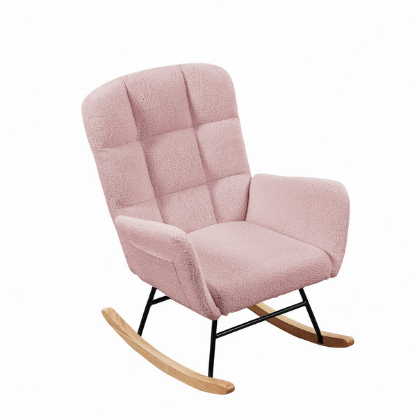 English Elm Cream Plush Teddy Fabric Rocking Armchair with High Back Support for Nursery Pink W3985P404155