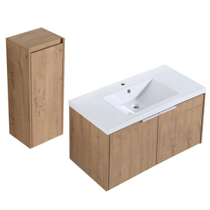 English Elm 36" Wall-Mounted Bathroom Vanity With Soft-Close Sink & Side Cabinet For Stylish Storage Solutions W999S00218