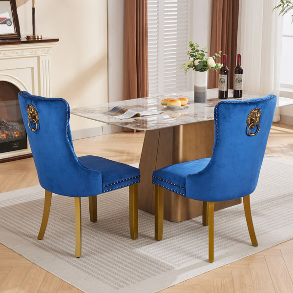 English Elm Mid-Century Velvet Dining Chair with Lion Head Pull Ring, Tufted Solid Wood Seat, Gold Legs Blue W1143P193169