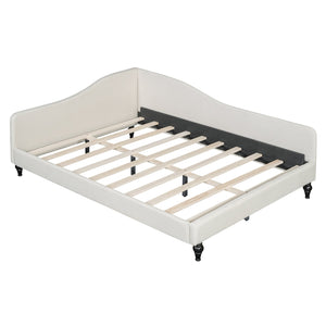 English Elm Full Full Size L-Shaped Linen Daybed with Solid Wood Legs, Semi-Enclosed Modern Frame for Living Spaces Beige SF100146AAA