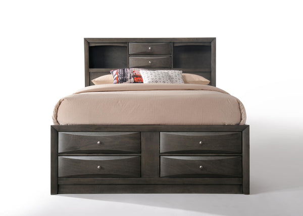 English Elm Ireland Gray Oak Storage Bed With Bookcase Headboard, 8 Drawers & Modern Platform Design For Small Spaces B2726S00355