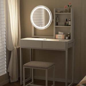 English Elm Small Bedroom Vanity Desk with Led Mirror Cushioned Stool Power Outlet and Storage White W3587P462329