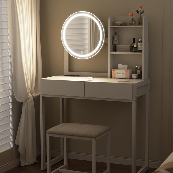 English Elm Small Bedroom Vanity Desk with Led Mirror Cushioned Stool Power Outlet and Storage White W3587P462329
