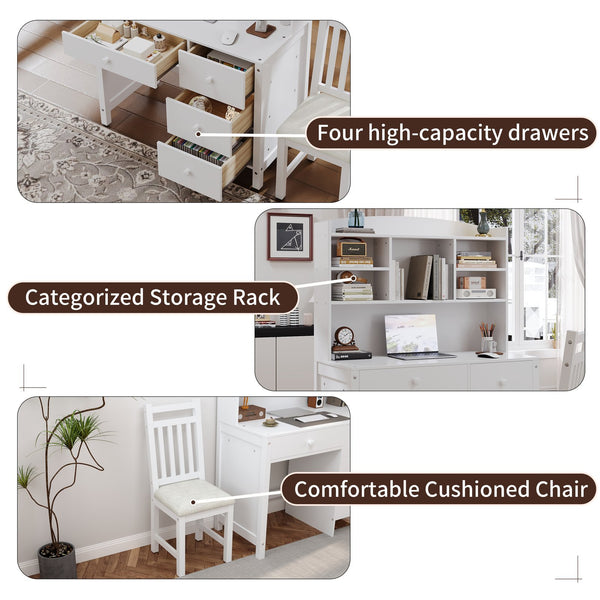 English Elm Vintage 40'' Home Executive Desk Set with Upholstered Chair and Built-In Bookshelf for Stylish Productivity White 44 L x 23 W x 13.5 H N733P272894K