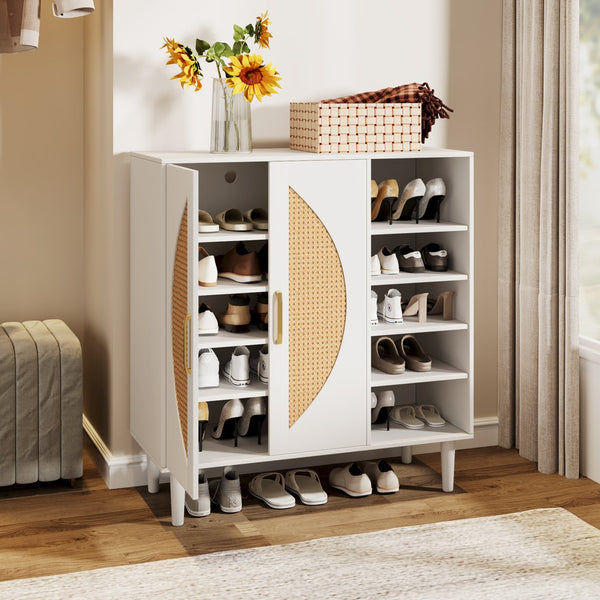 English Elm 20 Pairs Shoe Cabinet White & Light Oak with 8 Adjustable Shelves, Ventilated Back, Anti-Tip Design T3833P366595