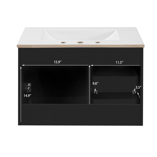 English Elm 30" Bathroom Vanity with Sink — Wall-Mounted Ceramic Basin, Soft-Close Storage, Floating Modern Design Black N710S324096B