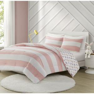 Urban Habitat Kids Sammie Casual Cotton Cabana Stripe Reversible Comforter Set with Rainbow Reverse UHK10-0189 Pink