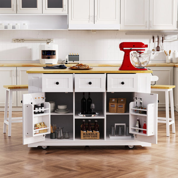 English Elm K&K 53" Large Kitchen Island with 2 Stools, Built-In Power Station, Wheels, Drop Leaf & Ample Storage White N707S000007W