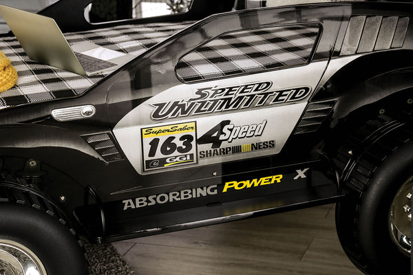 English Elm Modern Speed Jeep Twin Bed With Led Headlights, High-Gloss Finish, Metal Frame & Slat Kit Included B2741S00508