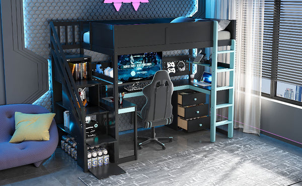 English Elm Full Size Gaming Loft Bed with Led Lighting Desk Shelves and Usb Charging Ports N820S00070C