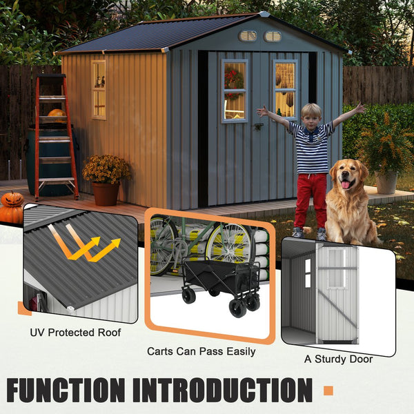 English Elm Outdoor Metal Storage Shed 8x8 Ft with Four Windows and Lockable Double Doors White W1598S00037