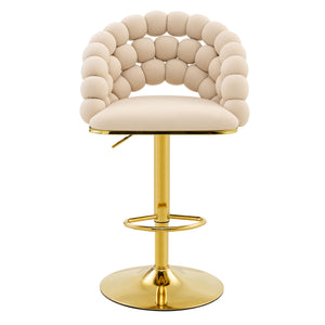 English Elm Set of 2 Velvet Barstools Sculptural Bubble Back Gold Legs Adjustable Kitchen Seating W3875P370839