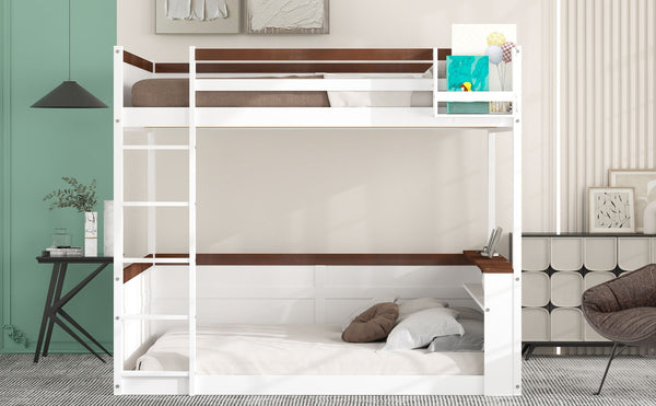 English Elm Queen Size Wooden Bunk Bed With Storage, Led Light, Usb Charging & Shelves For Modern Living Space N7090005006K-GIGA