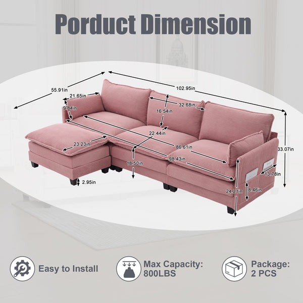 English Elm United We Win Modular Corduroy Sectional with Ottoman Low Profile Living Room Couch Pink W1568S00256