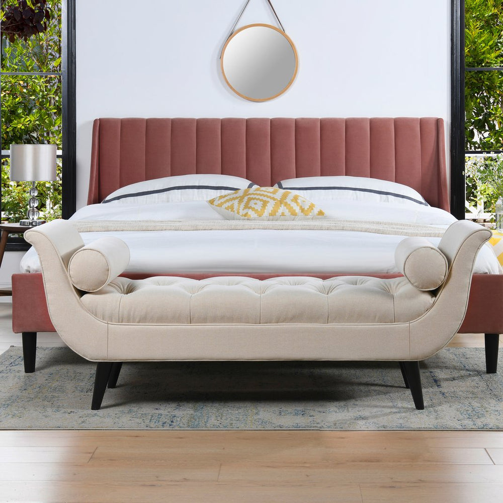 English Elm Alma Velvet Tufted Entryway Bench with Flared Arms and Bolster Pillows Included B2719P238454