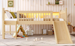 English Elm Twin Low Loft Bed Solid Pine Frame with Built-in Led Lighting and Storage Shelves Natural W1580P395930