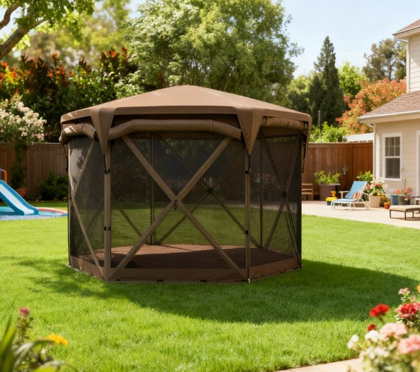 English Elm Adjustable Mesh Screen House Pop up Gazebo with Oxford Roof for Outdoor Gatherings Brown T3971P426892