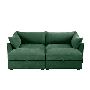 English Elm 2 Seater Sofa With Movable Ottomans & Hidden Storage Drawers, Elegant Chenille Green Design W3041S00184