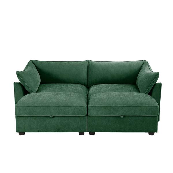 English Elm 2 Seater Sofa With Movable Ottomans & Hidden Storage Drawers, Elegant Chenille Green Design W3041S00184