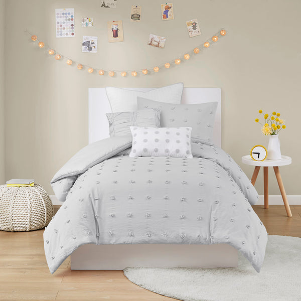 JLA Home Urban Habitat - Cotton Brooklyn Cotton Jacquard Comforter Set with Tufted Chenille Dots, Hypoallergenic OEKO-TEX Certified Grey UH10-2159