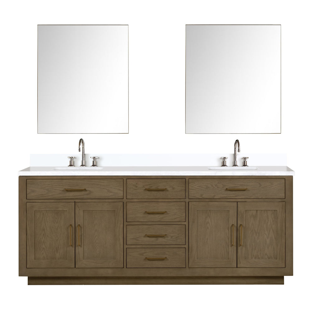 English Elm Grey Oak Double Bath Vanity Set With White Quartz Top, 2 Faucets & 36" Mirrors For Modern Bathrooms B2731S01821