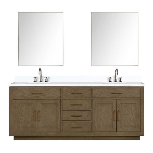 English Elm Grey Oak Double Bath Vanity Set With White Quartz Top, 2 Faucets & 36" Mirrors For Modern Bathrooms B2731S01821