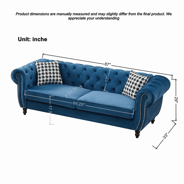 English Elm 87"Chesterfield Velvet Upholstery Sofa with Roll Armrests & Nailhead Trim, 3-Seater Luxurious Midcentury Design Blue W3373S00048