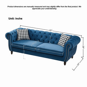 English Elm 3+2 Seater Chesterfield Velvet Sofa Set - Elegant Blue Upholstery, Roll Armrests & Nailhead Trim W3373S00052