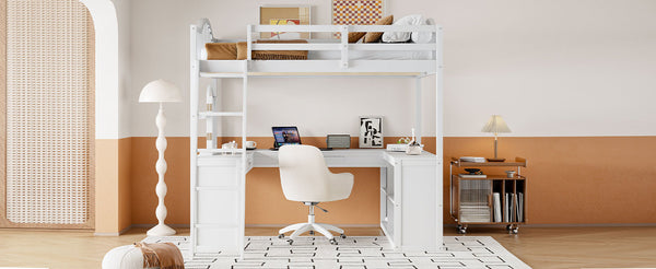 English Elm Full Wood Loft Bed with Wraparound Study Desk Built-in Storage and Vanity Mirror N708S00008K
