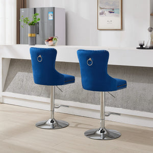 English Elm Thick Velvet Swivel Barstools with 17.7" Chrome Base, Tufted Diamond Pleating, Comfort Foam Seats Blue W1143P335044
