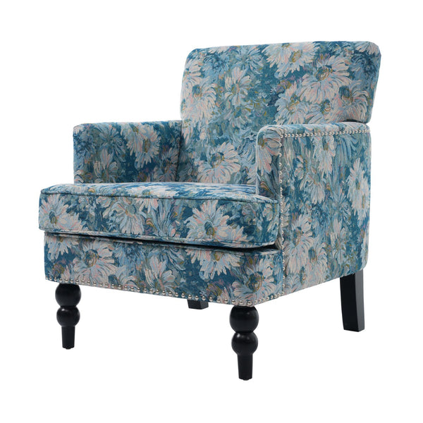 English Elm Harrison Tufted Club Chair Smooth Upholstered Accent Seat with Turned Legs for Living Room Blue+Multi N767P425084O