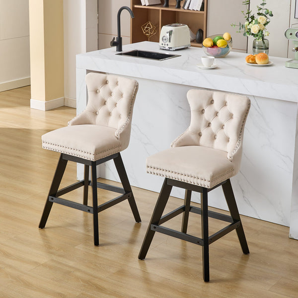 English Elm Swivel Velvet Barstools with Tufted Button Back, 360° Rotate, Plush Foam & Rubberwood Frame Beige W1143P241329