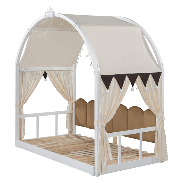 English Elm Twin Pinewood Ground-Level Canopy Bed with Arched Roof and Trundle for Kids—Whimsical, Sturdy Design White N820P181648K