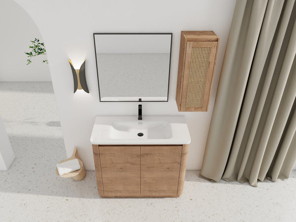 English Elm 40'' Freestanding Bathroom Vanity With Ceramic Sink, Soft-Close Doors & Side Cabinet For Stylish Storage W999S00404